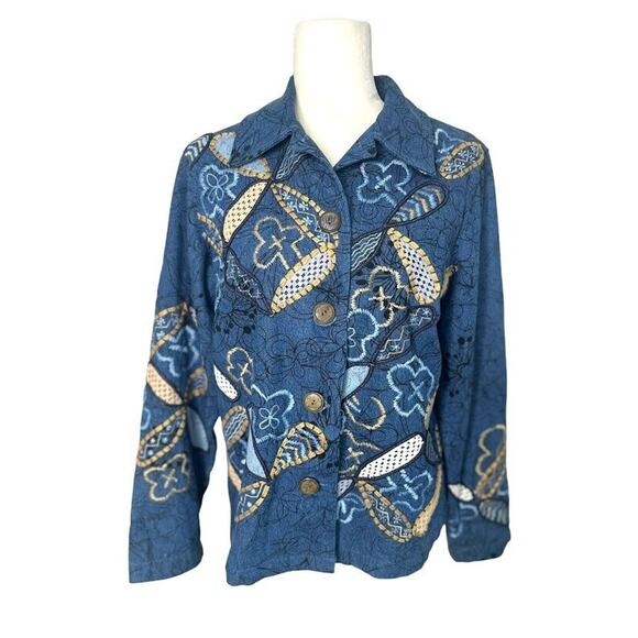 Vintage Coldwater Creek Embroidered Denim Jean Floral Jacket Small Boho Festival - Picture 1 of 8